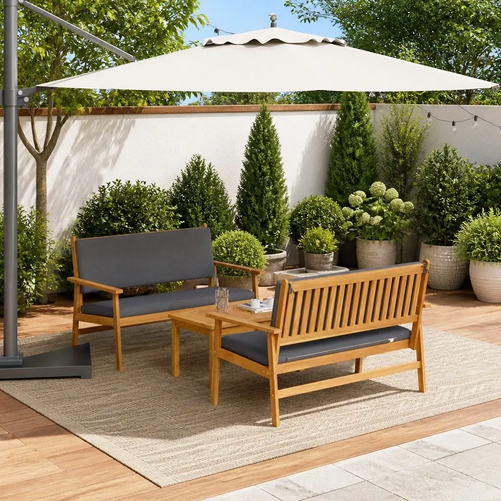 Outdoor Garden Sofa Set 3 Piece Brown Solid Acacia Wood Frames Foam Cushions Weather Resistant