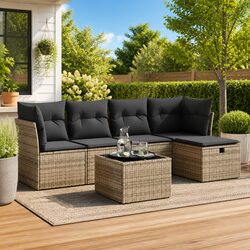 Garden Sofa Set 6 Piece Outdoor Furniture with Cushions Grey Poly Rattan Modular