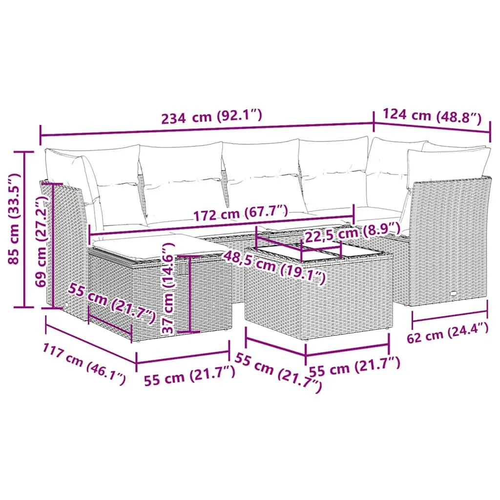 7 Piece Garden Sofa Set with Cushions Grey Poly Rattan Outdoor Furniture