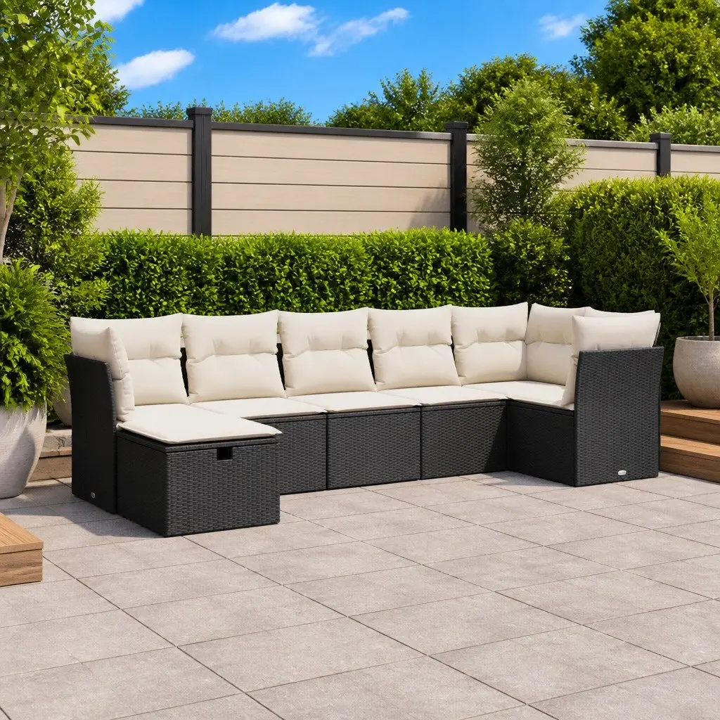 7 Piece Outdoor Garden Sofa Set Black Poly Rattan Patio Furniture with Cushions