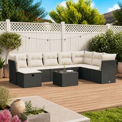 Garden Sofa Set 9 Piece Outdoor Patio Furniture Black Poly Rattan with Cushions