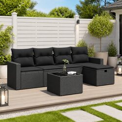 Garden Sofa Set 6 Piece Outdoor Patio Furniture Black Poly Rattan Modular Lounge