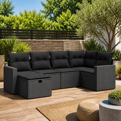 Garden Sofa Set 6 Piece Outdoor Furniture Black Poly Rattan Modular Patio Lounge