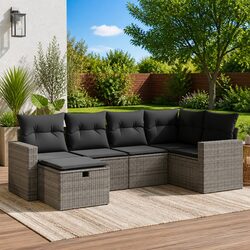 Garden Sofa Set 6 Piece Grey Poly Rattan Outdoor Furniture with Storage Cushions
