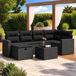 Garden Sofa Set 7 Piece Outdoor Furniture Black Poly Rattan Patio Lounge with