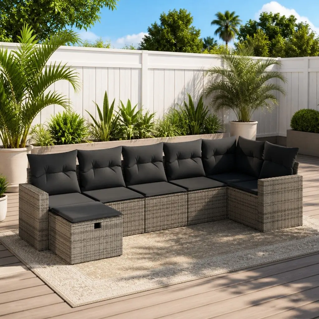 7 Piece Garden Sofa Set Grey Poly Rattan Outdoor Furniture with Storage Cushions
