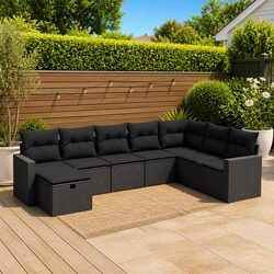 Garden Sofa Set 8 Piece Outdoor Furniture Patio Black Poly Rattan Modular Lounge