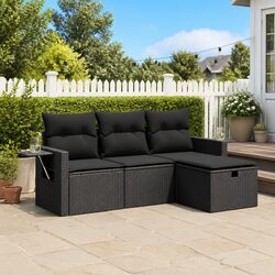 Garden Sofa Set 4 Piece Outdoor Furniture Black Poly Rattan with Cushions