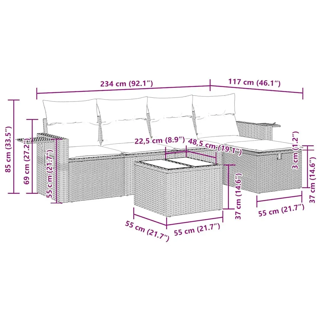 Garden Sofa Set 6 Piece Outdoor Furniture Black Poly Rattan Patio Seating with