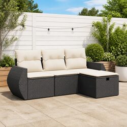 Garden Sofa Set 4 Piece Outdoor Patio Furniture Black Poly Rattan with Cushions