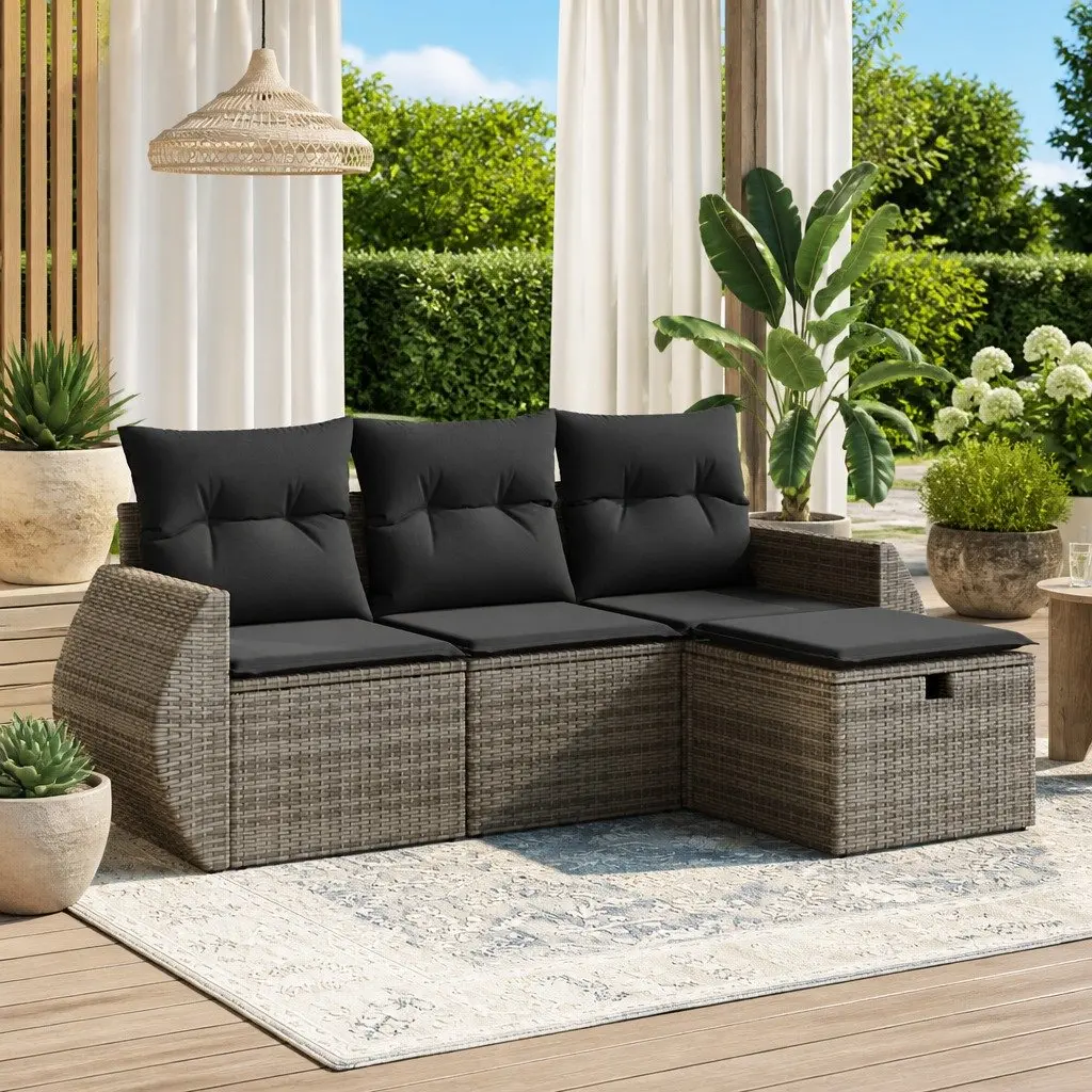 4 Piece Garden Sofa Set Grey Poly Rattan Outdoor Furniture with Cushions Storage