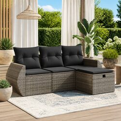 4 Piece Garden Sofa Set Grey Poly Rattan Outdoor Furniture with Cushions Storage