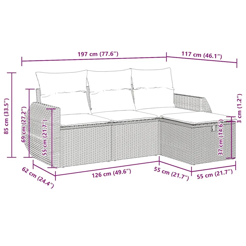 4 Piece Garden Sofa Set Grey Poly Rattan Outdoor Furniture with Cushions Storage