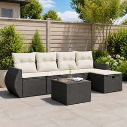 Garden Sofa Set 6 Piece Outdoor Furniture Black Poly Rattan Modular with Storage