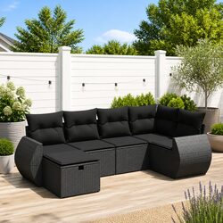 Outdoor Garden Sofa Set 6 Piece Patio Furniture Black Poly Rattan Modular Lounge