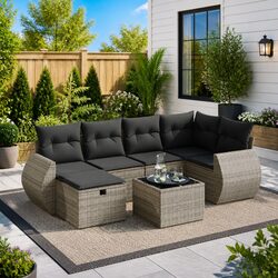 Garden Sofa Set 7 Piece Outdoor Furniture Patio Lounger Grey Poly Rattan with