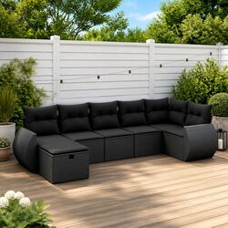 Garden Sofa Set 7 Piece Outdoor Furniture Black Poly Rattan Patio Lounge with