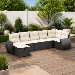 Garden Sofa Set 7 Piece Outdoor Furniture Black Poly Rattan Modular Patio