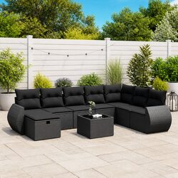 Garden Sofa Set 9 Piece Outdoor Furniture Black Poly Rattan Modular Patio Lounge