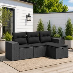 Garden Sofa Set 4 Piece Outdoor Furniture Black Poly Rattan Modular Patio Lounge