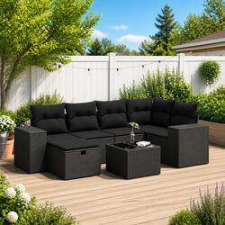 Garden Sofa Set 7 Piece Outdoor Furniture Black Poly Rattan with Cushions
