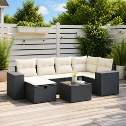 Garden Sofa Set 7 Piece Outdoor Furniture with Cushions Black Poly Rattan Patio