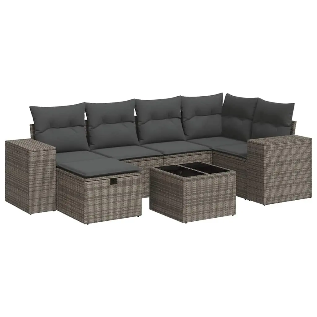 7 Piece Grey Outdoor Garden Sofa Set Poly Rattan Patio Furniture with Cushions
