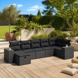 Garden Sofa Set 7 Piece Outdoor Furniture Patio Lounge Black Poly Rattan Modular
