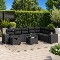 Garden Sofa Set 9 Piece Outdoor Furniture Black Poly Rattan Patio Lounge with