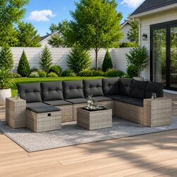 Garden Sofa Set 9 Piece Outdoor Furniture Grey Poly Rattan Patio Lounge with