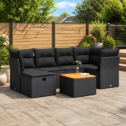 7 Piece Garden Sofa Set with Cushions Black Poly Rattan Outdoor Furniture
