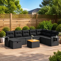 Garden Sofa Set 9 Piece Outdoor Furniture Black Poly Rattan with Cushions