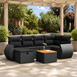 Outdoor Garden Sofa Set 7 Piece Black Poly Rattan Patio Furniture with Cushions