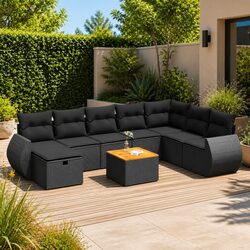 Garden Sofa Set 9 Piece Outdoor Furniture Black Poly Rattan Modular Patio
