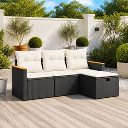 Garden Sofa Set 4 Piece Outdoor Furniture Black Poly Rattan with Cushions