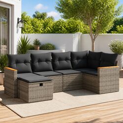 Garden Sofa Set 6 Piece Outdoor Furniture Grey Poly Rattan Modular with Cushions