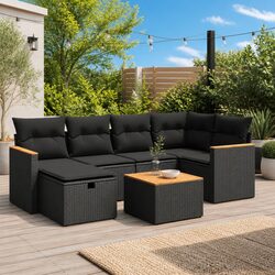 7 Piece Garden Sofa Set Outdoor Furniture with Cushions Black Poly Rattan