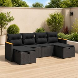 Garden Sofa Set 6 Piece Outdoor Furniture Patio Black Poly Rattan with Cushions