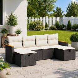 Garden Sofa Set 6 Piece Outdoor Furniture Black Poly Rattan Modular Patio Lounge