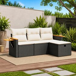 Garden Sofa Set 4 Piece Outdoor Furniture with Cushions Storage Footstool Black