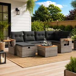 Garden Sofa Set 7 Piece Outdoor Furniture Grey Poly Rattan Patio Lounge Seating