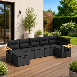 Garden Sofa Set 7 Piece Black Poly Rattan Outdoor Furniture with Storage