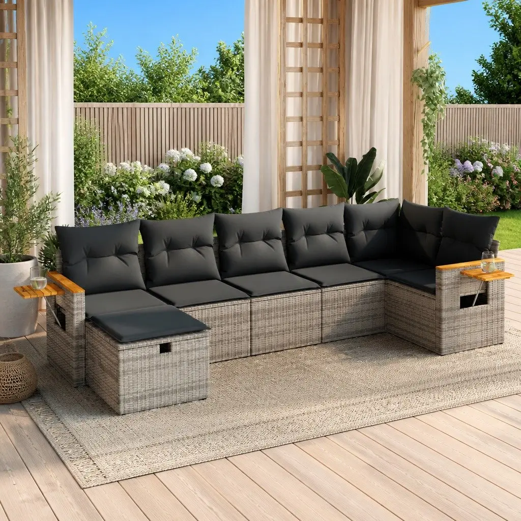 7 Piece Garden Sofa Set Outdoor Furniture Patio Lounge Grey Poly Rattan Cushions