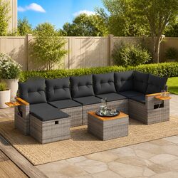 Garden Sofa Set 8 Piece Grey Poly Rattan Outdoor Furniture with Cushions