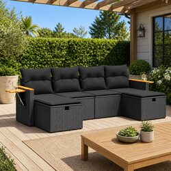 Garden Sofa Set 6 Piece Outdoor Furniture Black Poly Rattan Patio Seating with