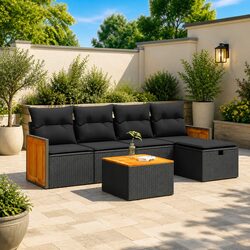 6 Piece Garden Sofa Set with Cushions Black Poly Rattan Outdoor Patio Furniture