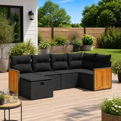 Garden Sofa Set 6 Piece Black Poly Rattan Outdoor Furniture with Cushions