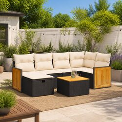 Garden Sofa Set 7 Piece Outdoor Furniture Patio Black Poly Rattan with Cushions