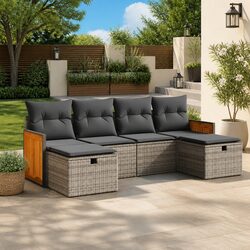 Garden Sofa Set 6 Piece Outdoor Furniture Grey Poly Rattan with Storage Cushions