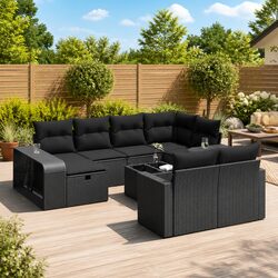 Garden Sofa Set 11 Piece Outdoor Furniture Black Poly Rattan Patio Lounge